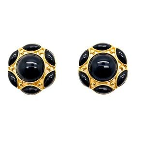 VINTAGE TRIFARI BLACK CABOCHON EARRINGS 1970S